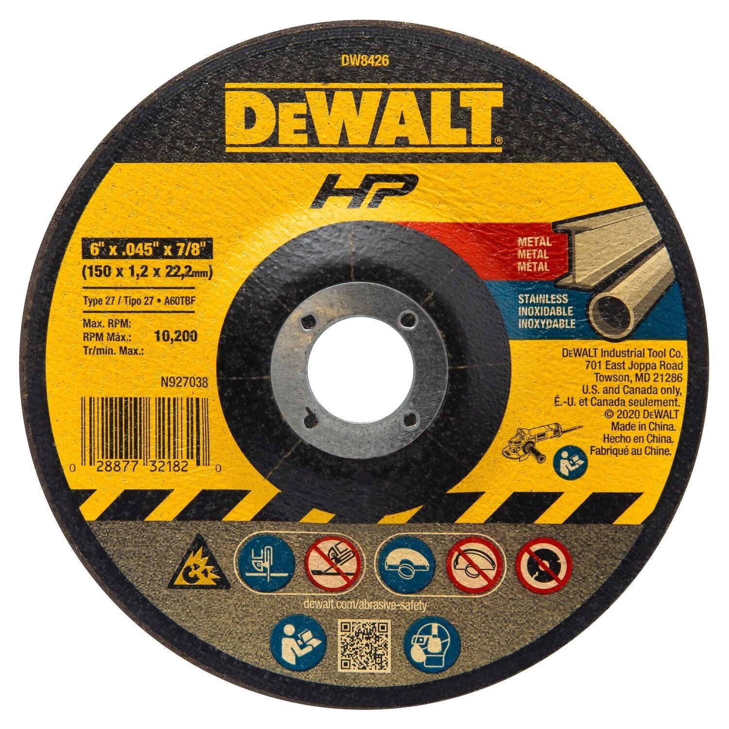 Disque de coupe pour métal/inox DEWALT DW8426 (6 po x 1/16 po x 7/8 po) (quantité : 1)