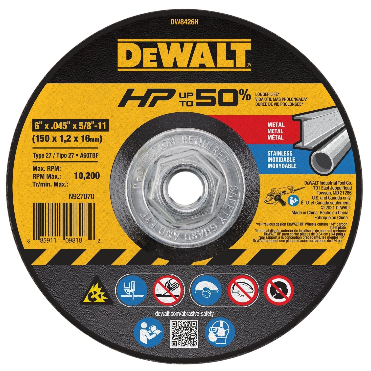 Disque de coupe pour métal/inox DEWALT DW8426 (6 po x 1/16 po x 7/8 po) (quantité : 1)