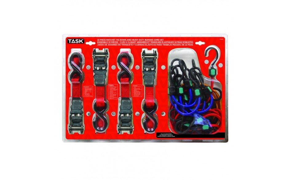 Task T32648 - 22pc Ratcheting Tie Downs & Heavy Duty Bungee Cords Set - Clamshell