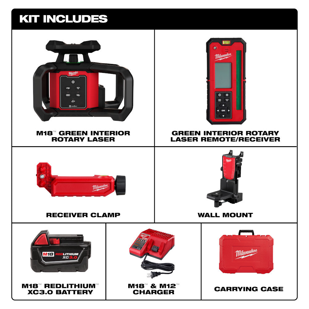 Milwaukee 3702-21 - M18™ Green Interior Rotary Laser Level Kit w/ Remote/Receiver & Wall Mount Bracket