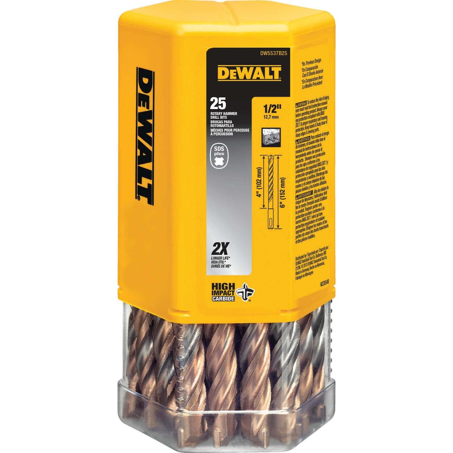 Foret pour marteau perforateur DEWALT DW5437B25-1/2 x 4 x 6 en carbure SDS+, paquet de 25