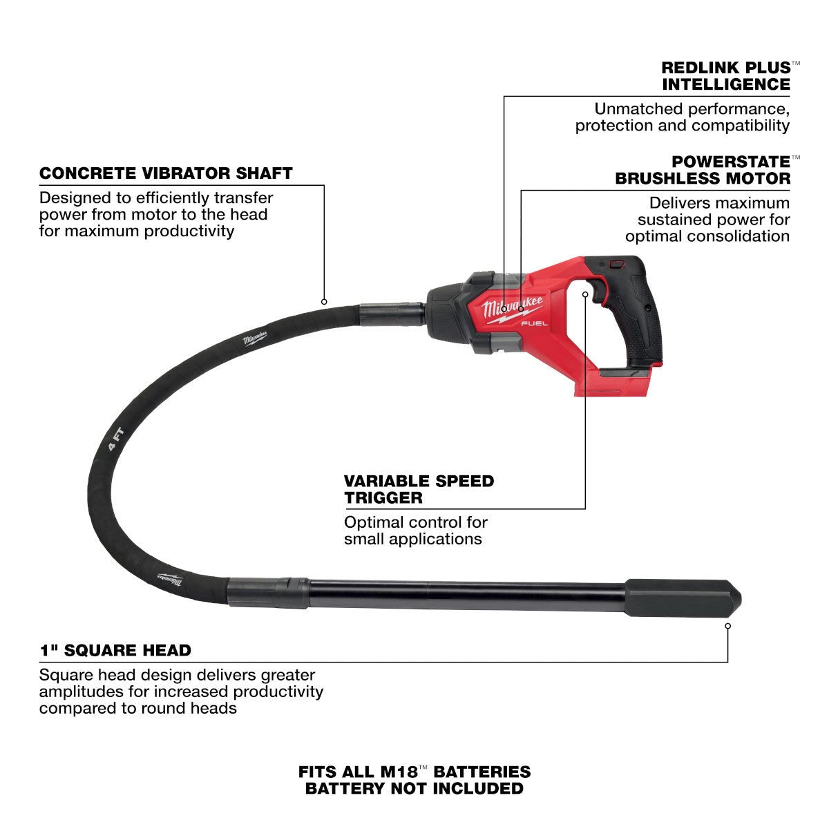 MILWAUKEE 2910-20  -  M18 FUEL 4' CONCRETE PENCIL VIBRATOR - Tool Only