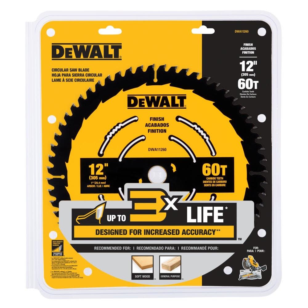 Lame de scie circulaire en carbure DEWALT DWA11260-12 pouces, 60 dents, avec mandrin de 1 pouce pour la finition (1 paquet)