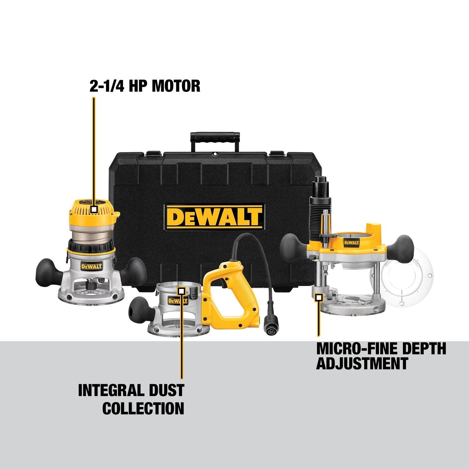 DEWALT DW618B3 2-1/4 HP (maximum motor HP) Three Base Router Kit