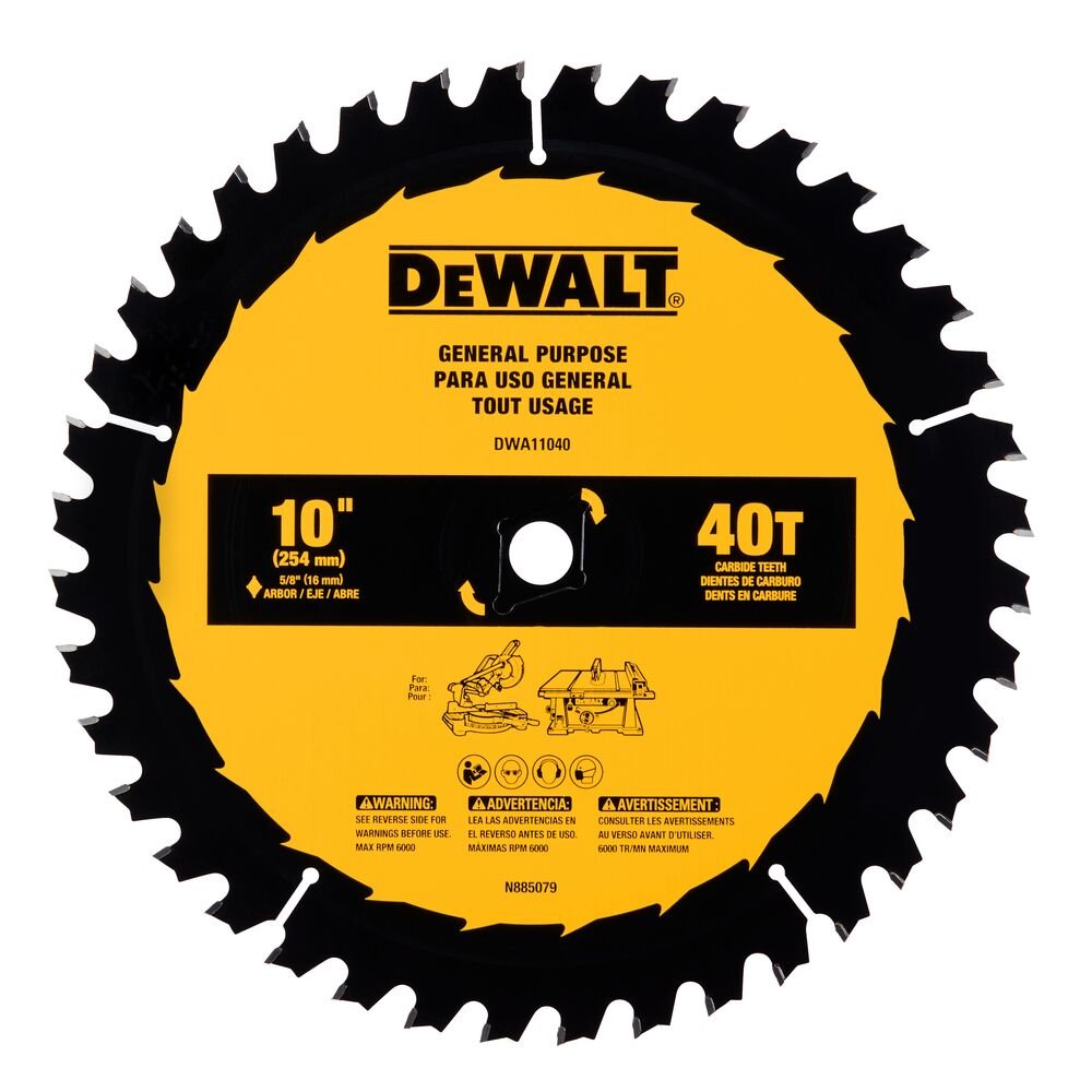 Lame de scie circulaire à table en carbure DEWALT DWA11040-10 pouces, 40 dents, avec mandrin de 5/8 pouces (1 paquet)