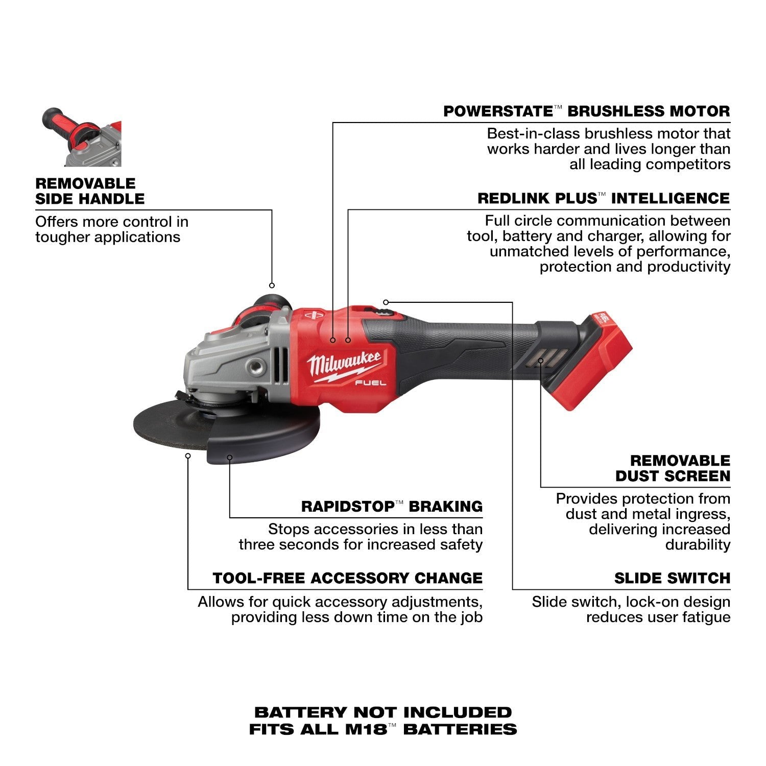 Milwaukee 2981-20 - M18 FUEL™ 4-1/2” - 6” Braking Grinder Kit, Slide Switch, Lock-On