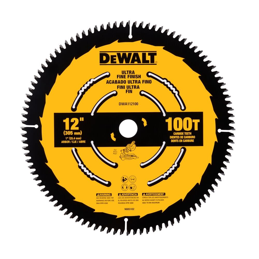 DEWALT DWA112100-12 In Carbide Circular Saw Blade 100 Tooth with 1 in Arbor For Ultra Fine Finishing (1 Pack)