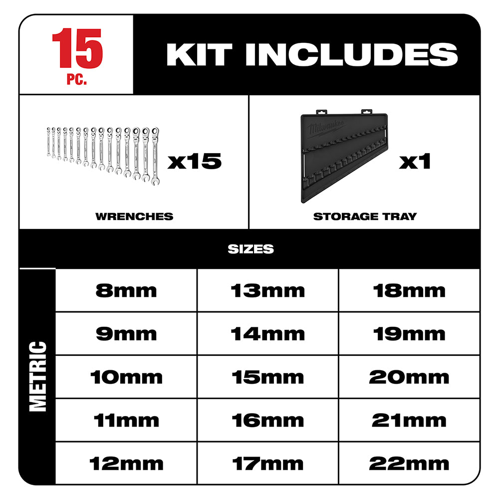 Milwaukee 48-22-9513 -  15pc Metric Flex Head Ratcheting Combination Wrench