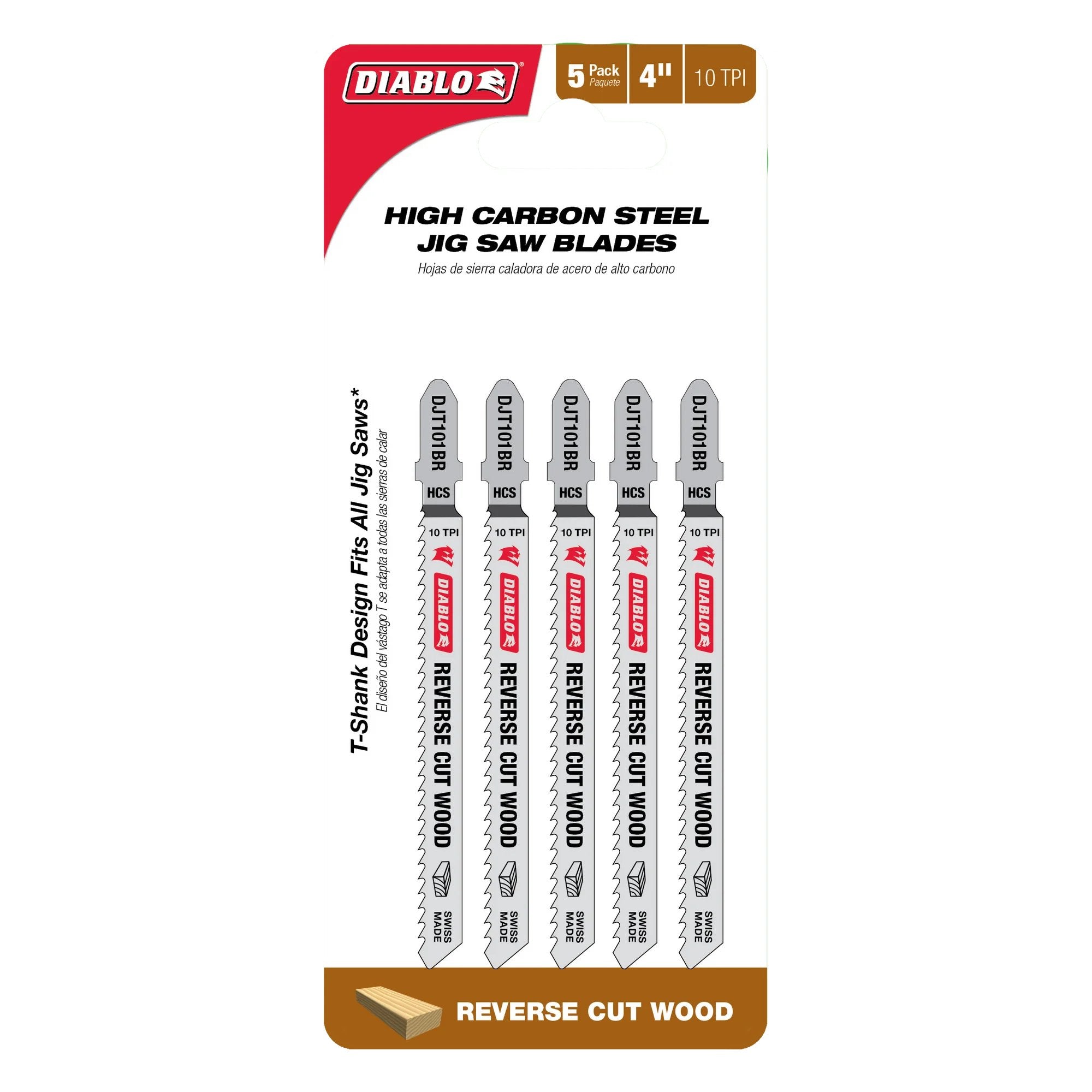 Diablo DJT101BR5 - 4 in. 10 TPI High Carbon Steel T-Shank Jig Saw Blades for Reverse Cuts in Wood - 5 Pack