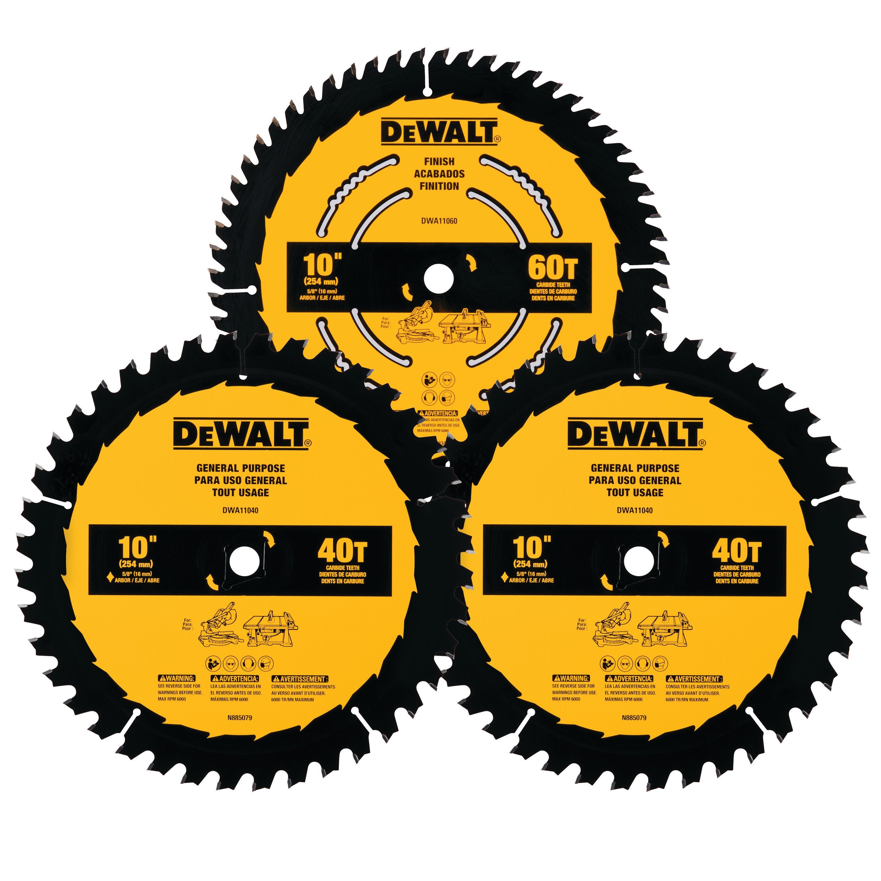 Lames de scie circulaire à table en carbure DEWALT DWA110CMB3-10 po, 60 dents, avec mandrin de 5/8 po (paquet de 3)