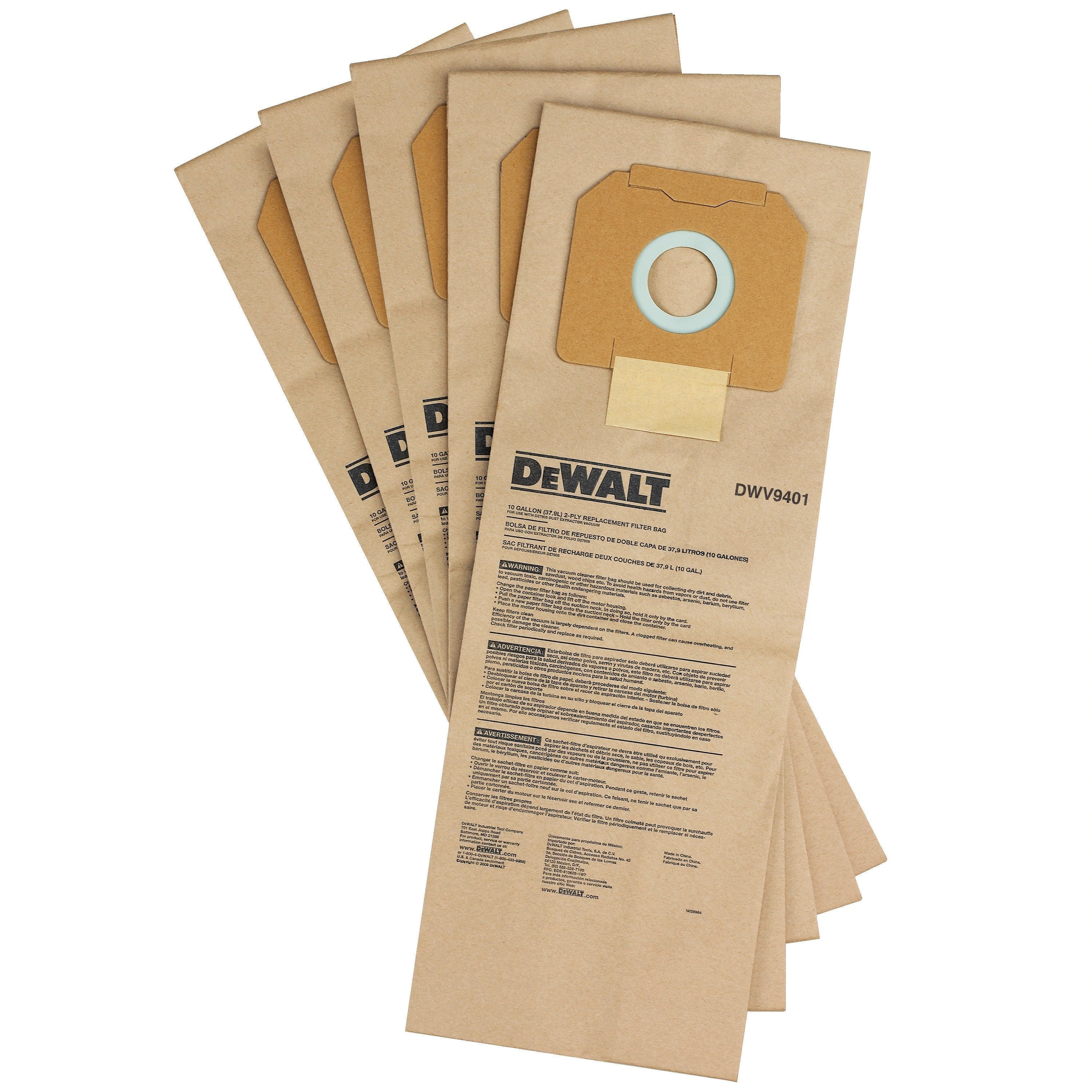 Sac en papier DEWALT DWV9401 pour aspirateur Dwv012, paquet de 5