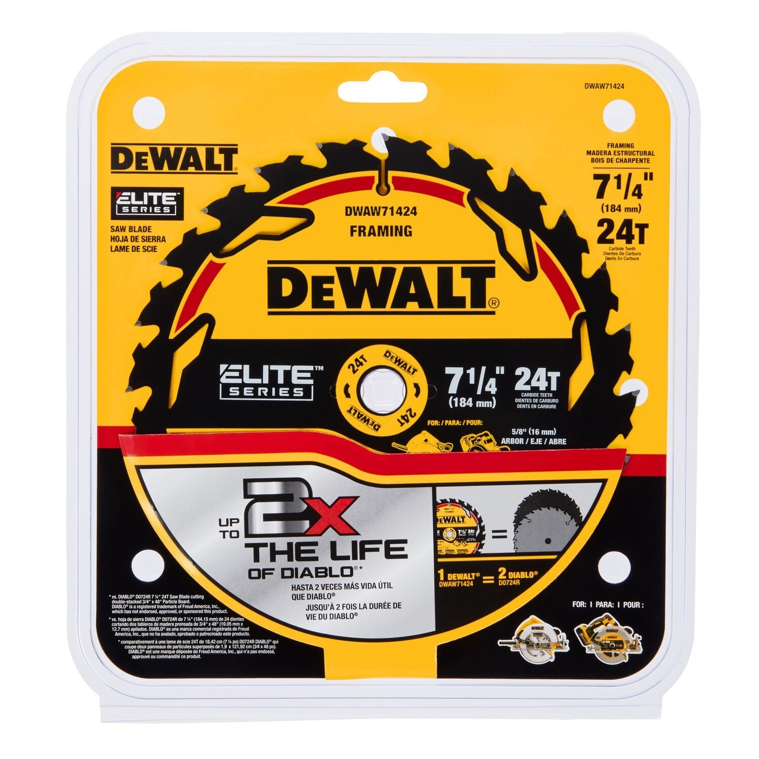 Lame de scie circulaire en carbure DEWALT DWAW71424-ELITE SERIES 7-1/4 po 24 dents avec arbre 5/8 po (1 paquet)