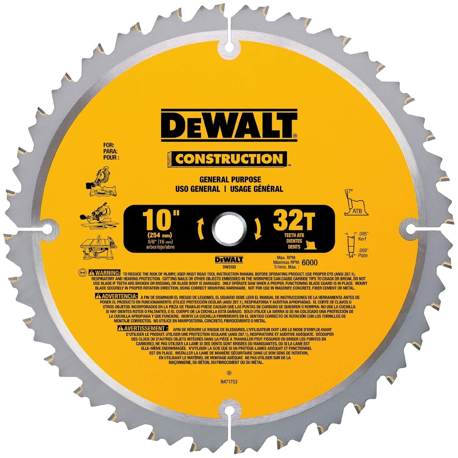 DEWALT DW3103-Serie 20 10 Zoll 32 Zähne ATB Thin Kerf Allzweck-Sägeblatt mit 5/8 Zoll Aufnahme