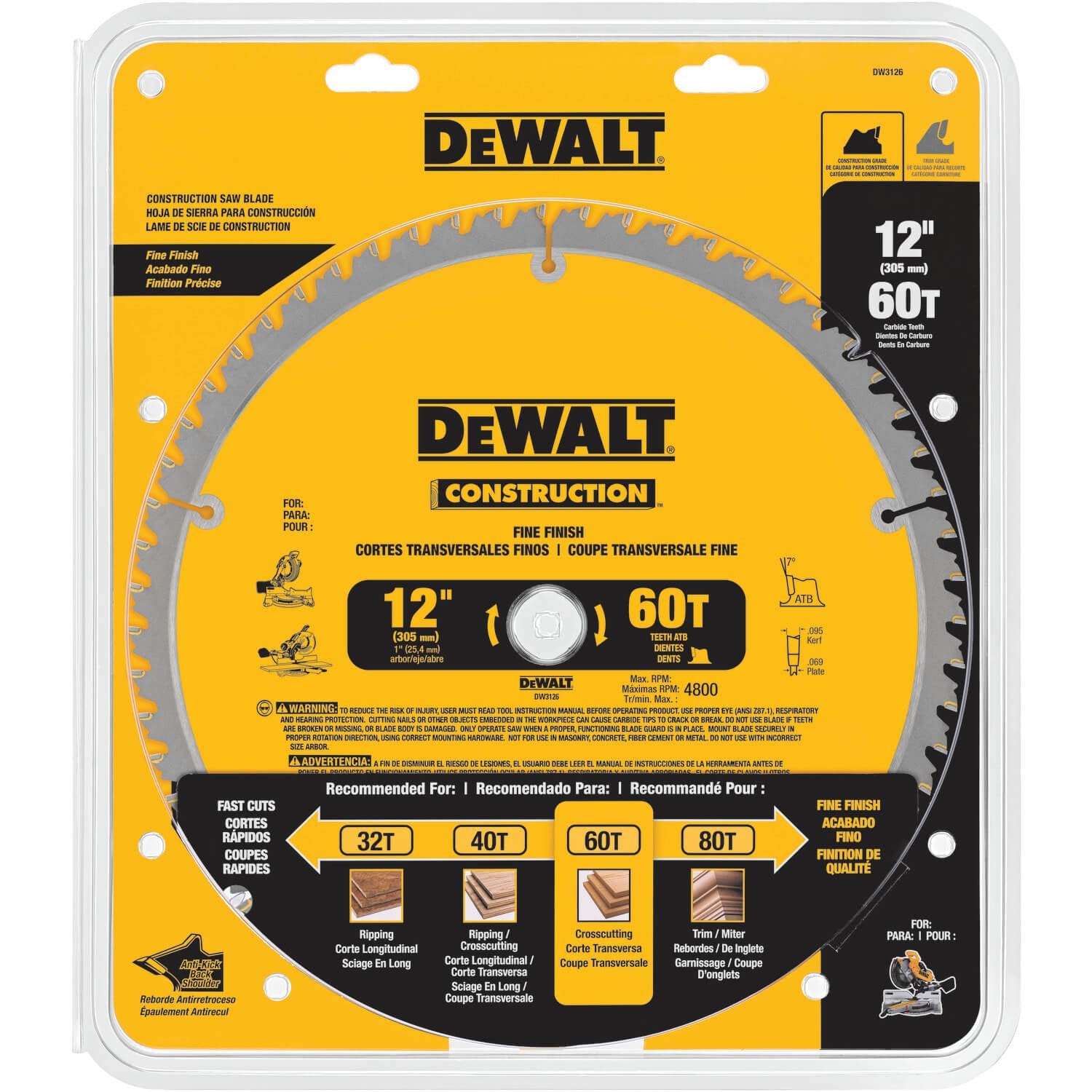 DEWALT DW3126 Series 20 12-Inch 60 Tooth ATB Thin Kerf Crosscutting Miter Saw Blade with 1-Inch Arbor