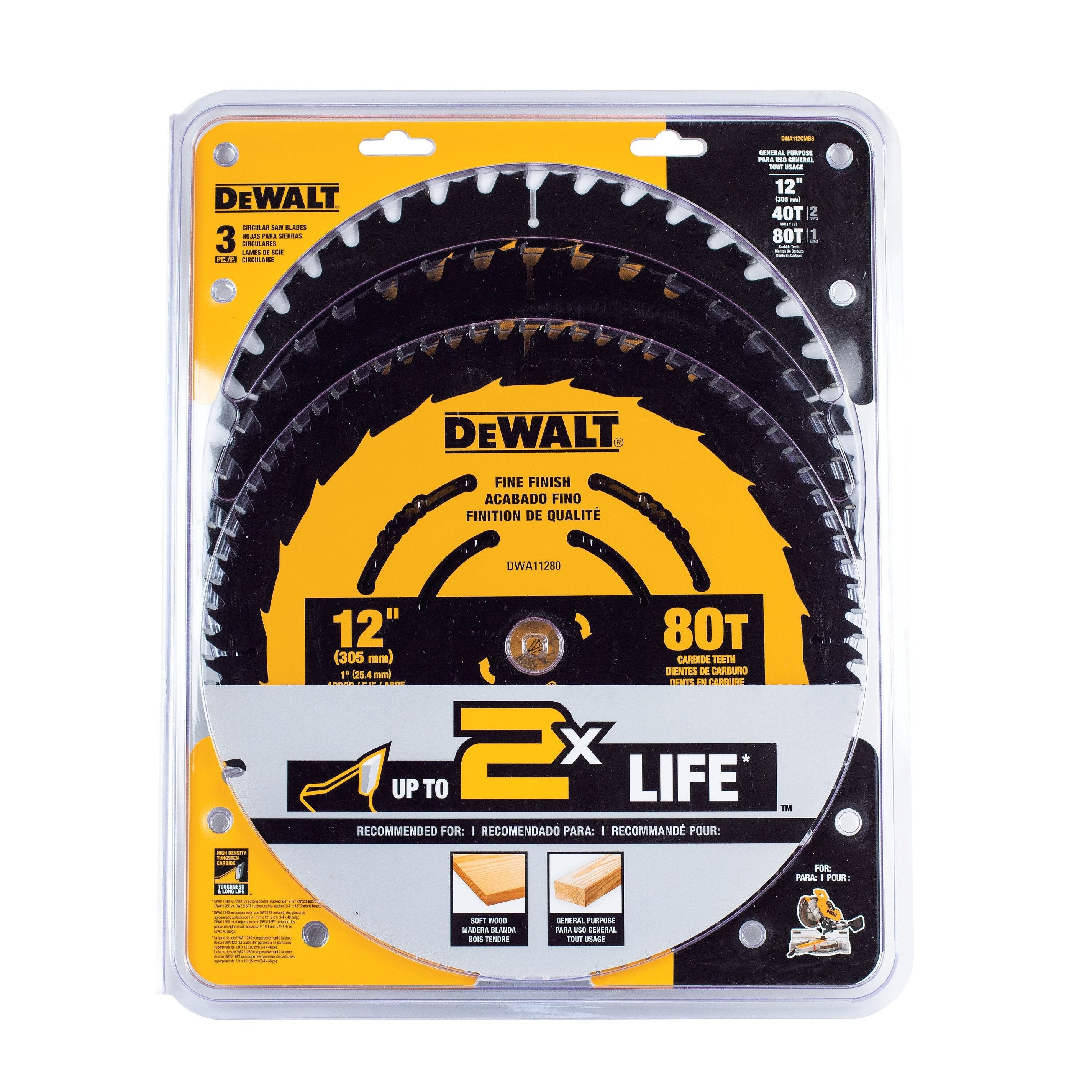 DEWALT DWA112CMB3-12 In Carbide Circular Saw Blade 40 Tooth with 1 in Arbor For General Purpose Cutting (3 Pack)