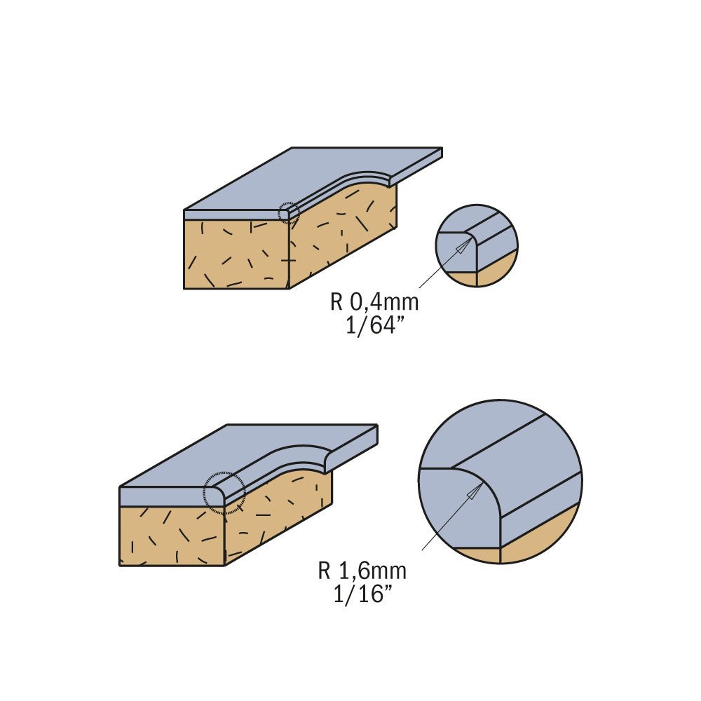 CMT 807.004.11 MÈCHE À AFFÛTER SANS LIME POUR STRATIFIÉS, RAYON DE 1/64 POUCE, TIGE DE 1/2 POUCE