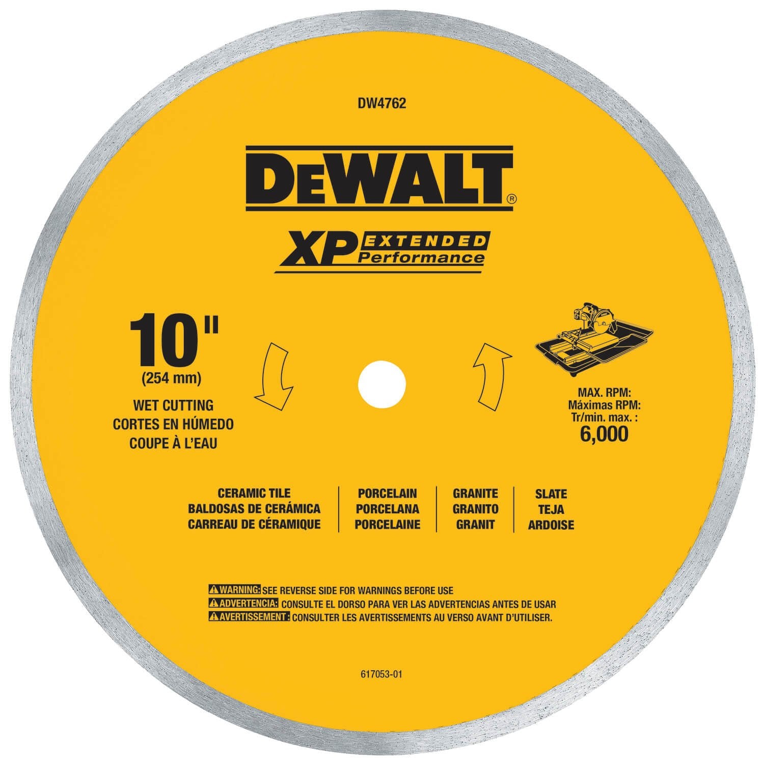 Lame diamantée DEWALT DW4762 pour porcelaine ou carrelage, coupe humide, bord continu, mandrin de 5/8 po, 10 po