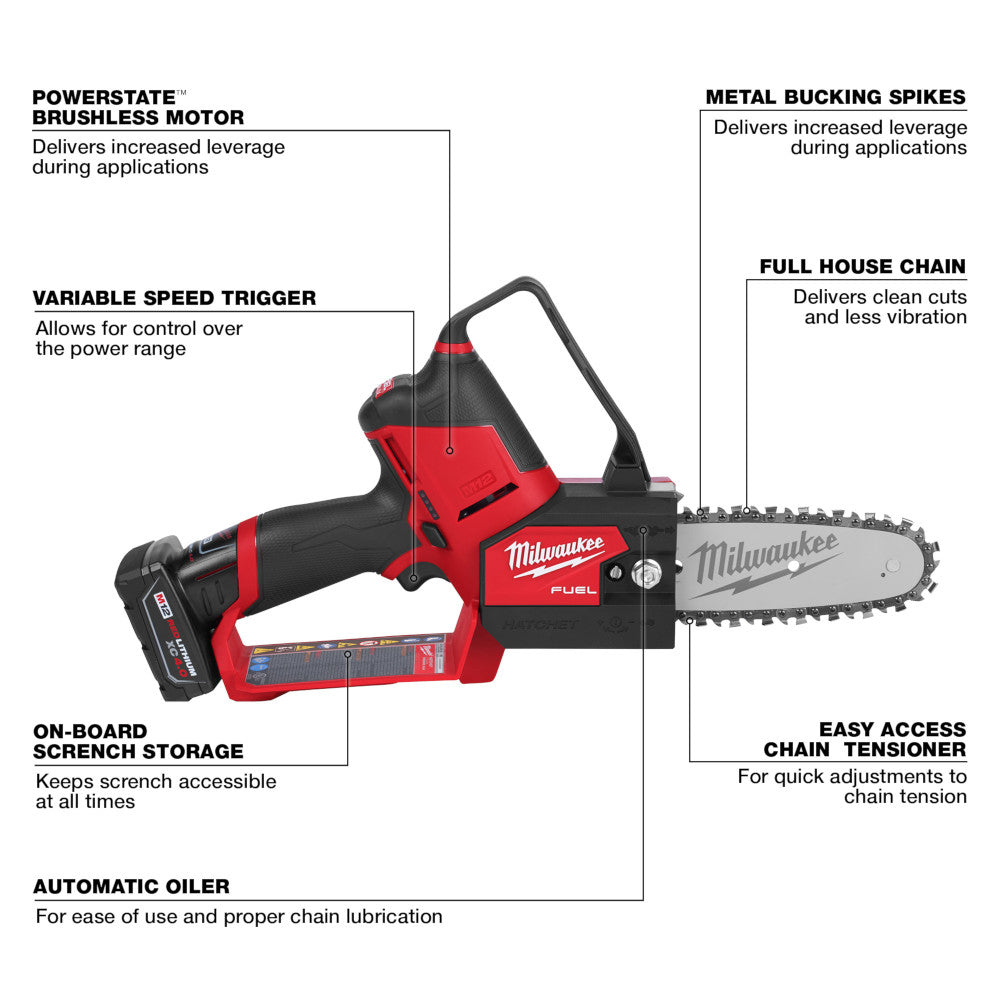 Milwaukee 2527-21  -  M12 Fuel Hatchet 6" Pruning Chain Saw - 4.0Ah Kit