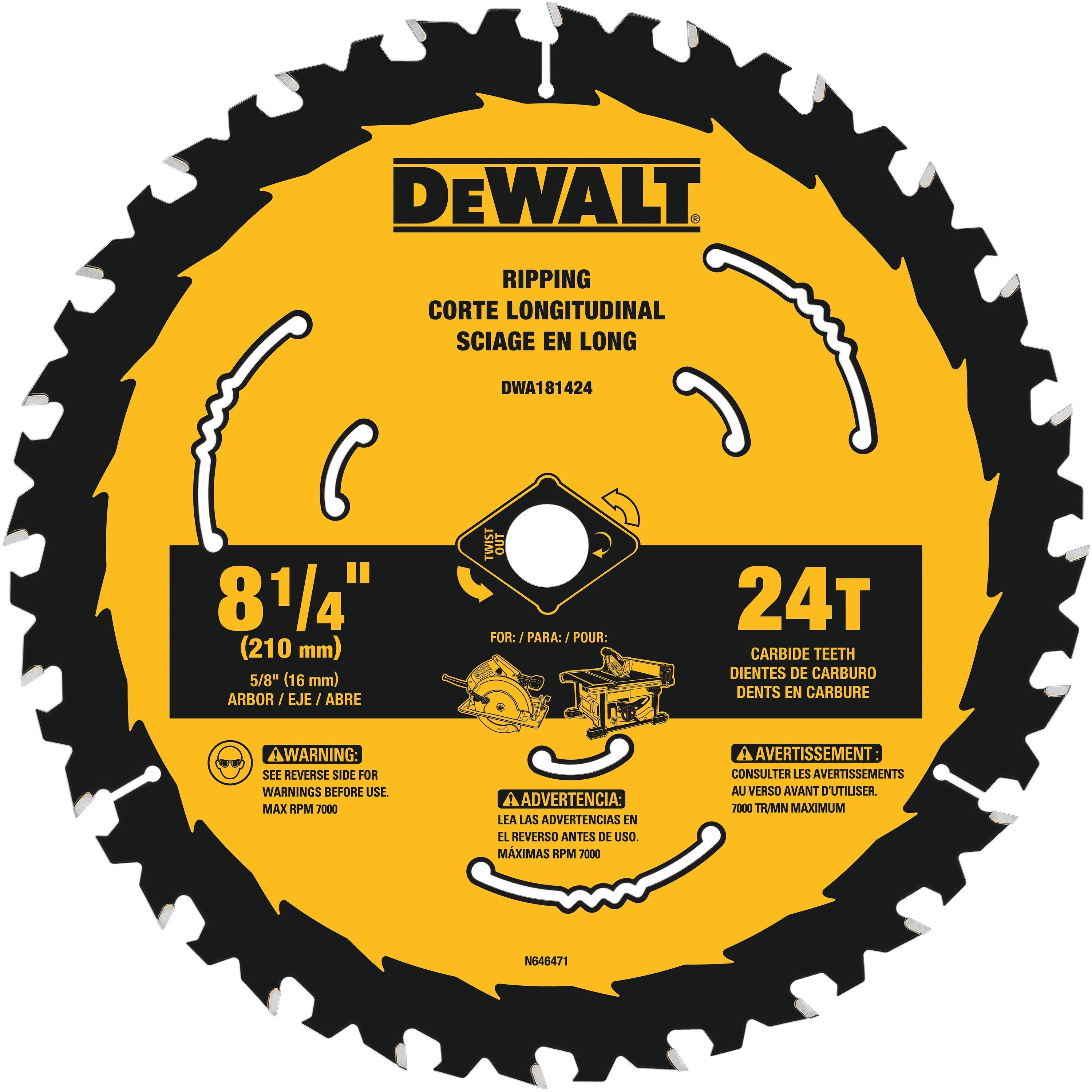 Lame de scie circulaire en carbure DEWALT DWA181424-8-1/4 po, 24 dents, avec mandrin de 5/8 po (1 paquet)