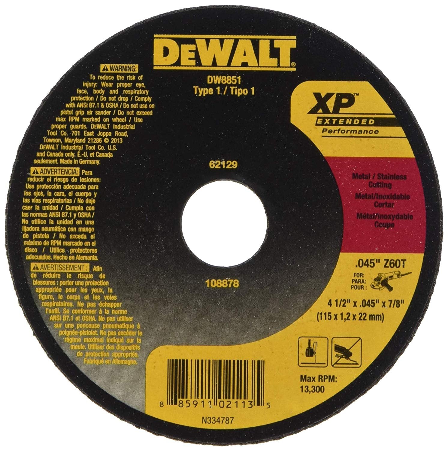 Dewalt DEWALT DW8851 4-1/2-Inch by 0.45-Inch XP Metal Cutting Wheel, 7/8-Inch Arbor