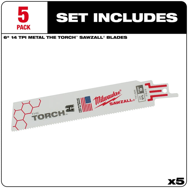 Milwaukee 48-00-5782 - 6" 14 TPI The Torch™ SAWZALL® Blades (5 Pk)