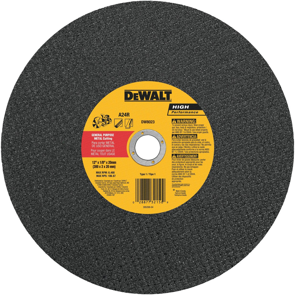 Disque abrasif pour métaux DEWALT DW8023-12 po x 1/8 po x 20 mm A24N