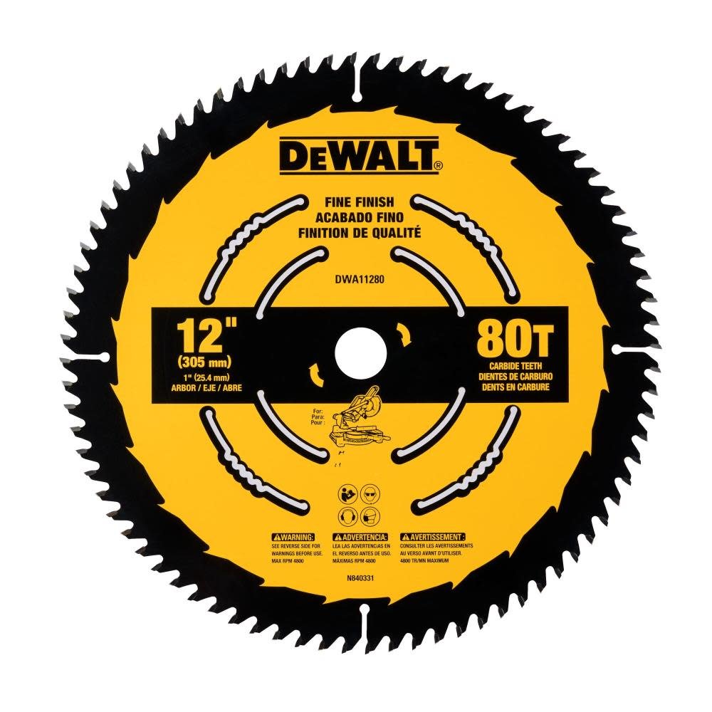 Lame de scie circulaire en carbure DEWALT DWA11280-12 pouces, 80 dents, avec mandrin de 2,5 cm pour une finition soignée (1 paquet)