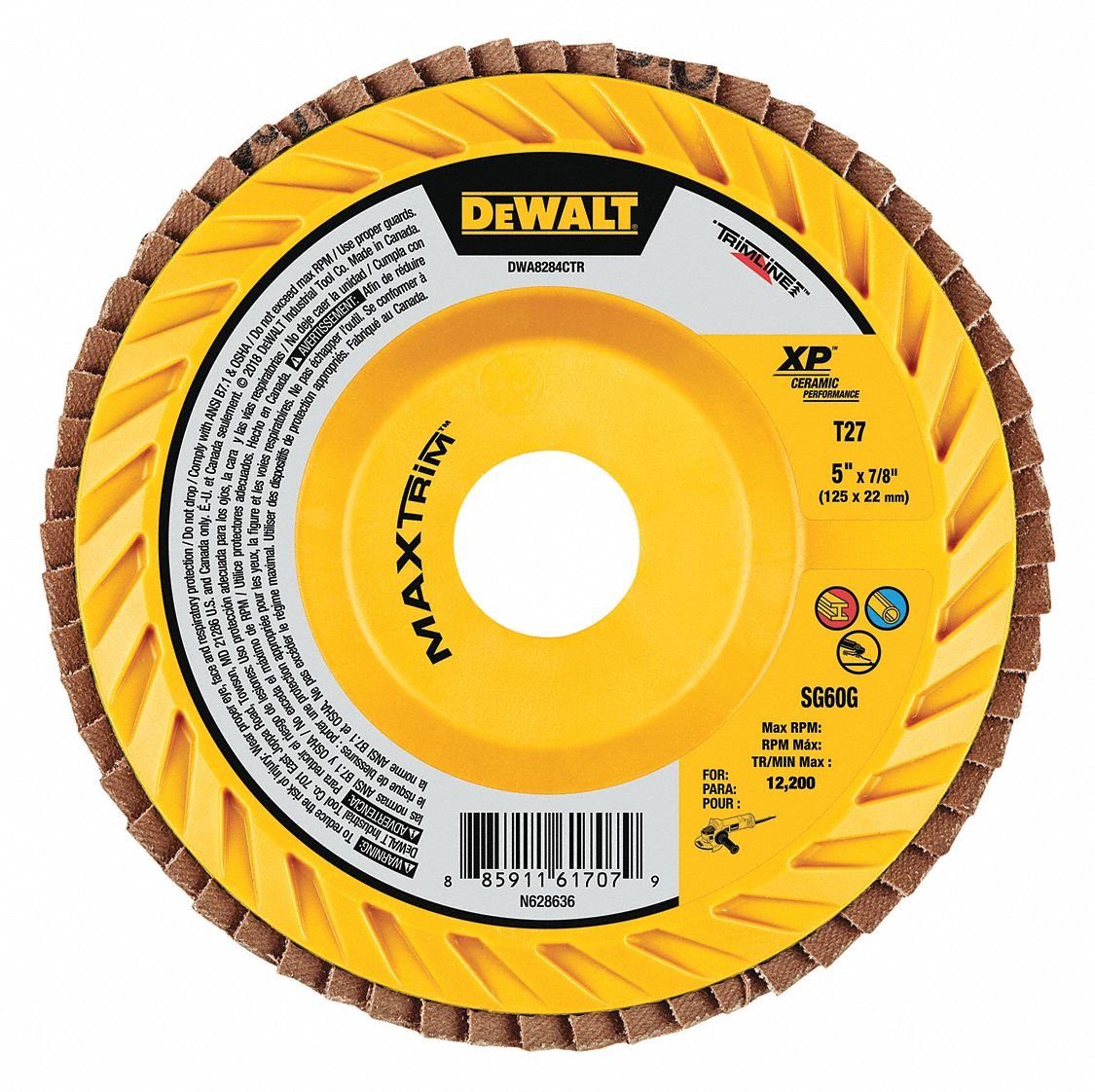 DEWALT DWA8284CTR - 60 Grit, 5" Disc Diam, Type 27 Ceramic Flap Disc