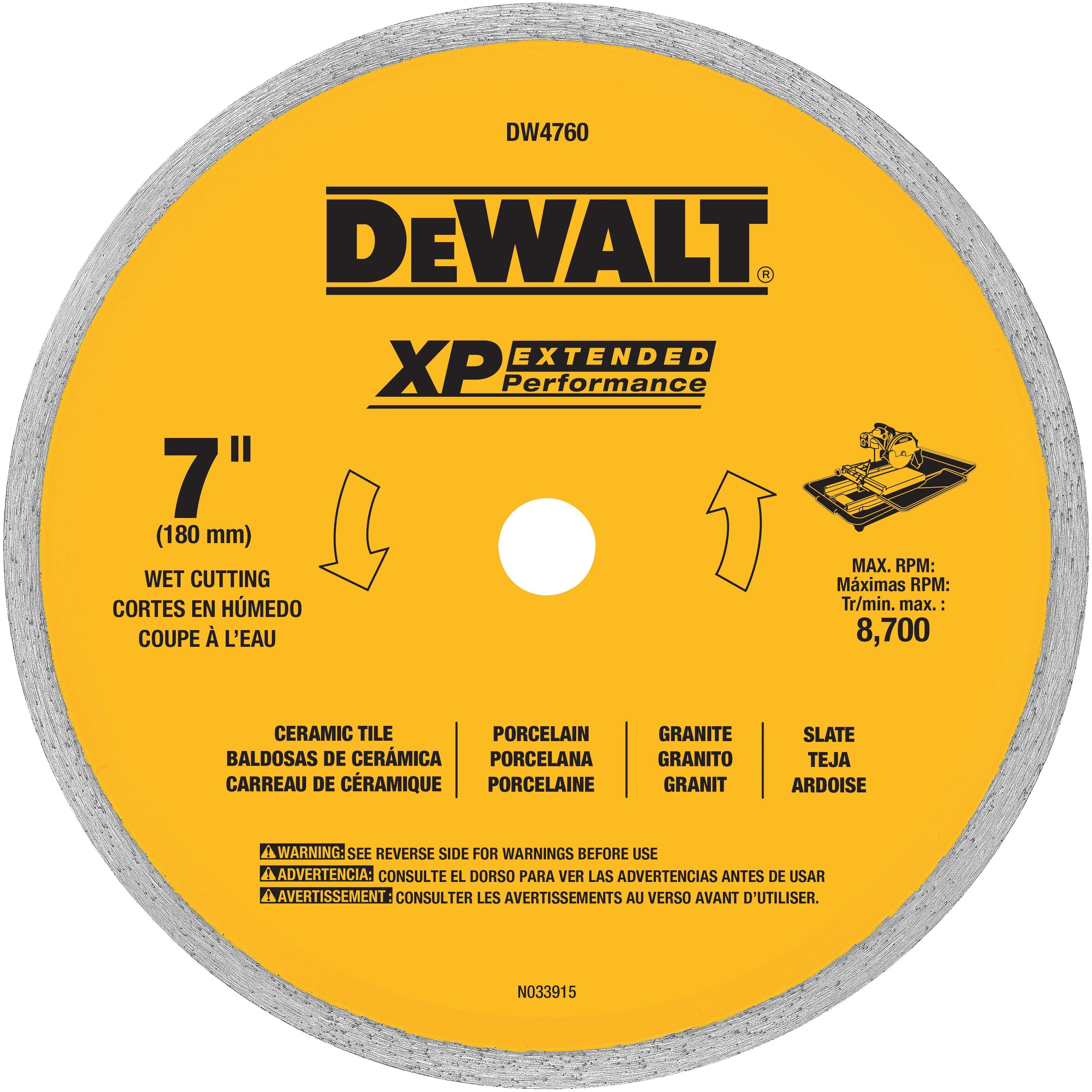 Lame de scie à bord continu pour coupe humide DEWALT DW4760-7 pouces avec mandrin de 5/8 pouce pour céramique ou carrelage, jaune