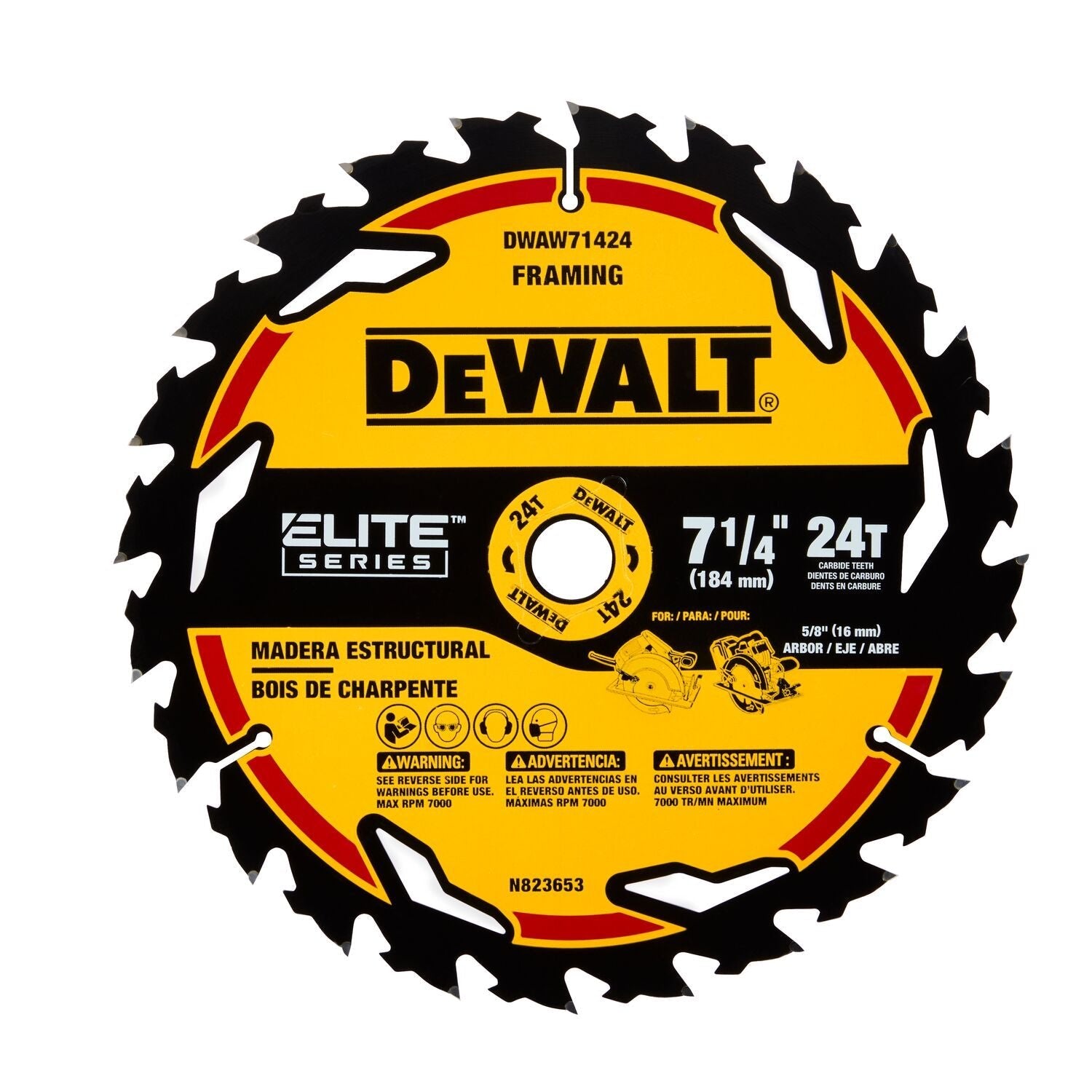 Lame de scie circulaire en carbure DEWALT DWAW71424-ELITE SERIES 7-1/4 po 24 dents avec arbre 5/8 po (1 paquet)