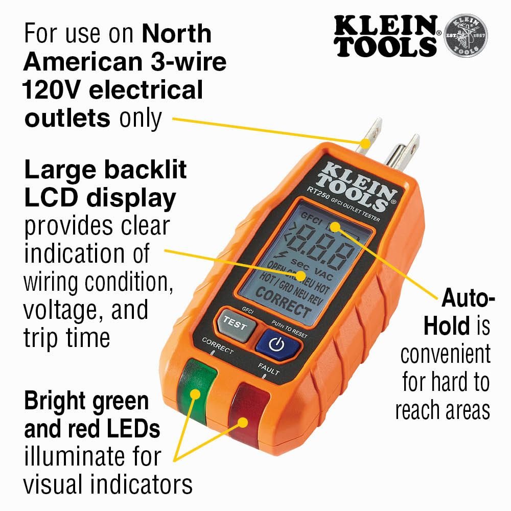 Klein KLE-RT250 - GFCI-Steckdosentester mit LCD