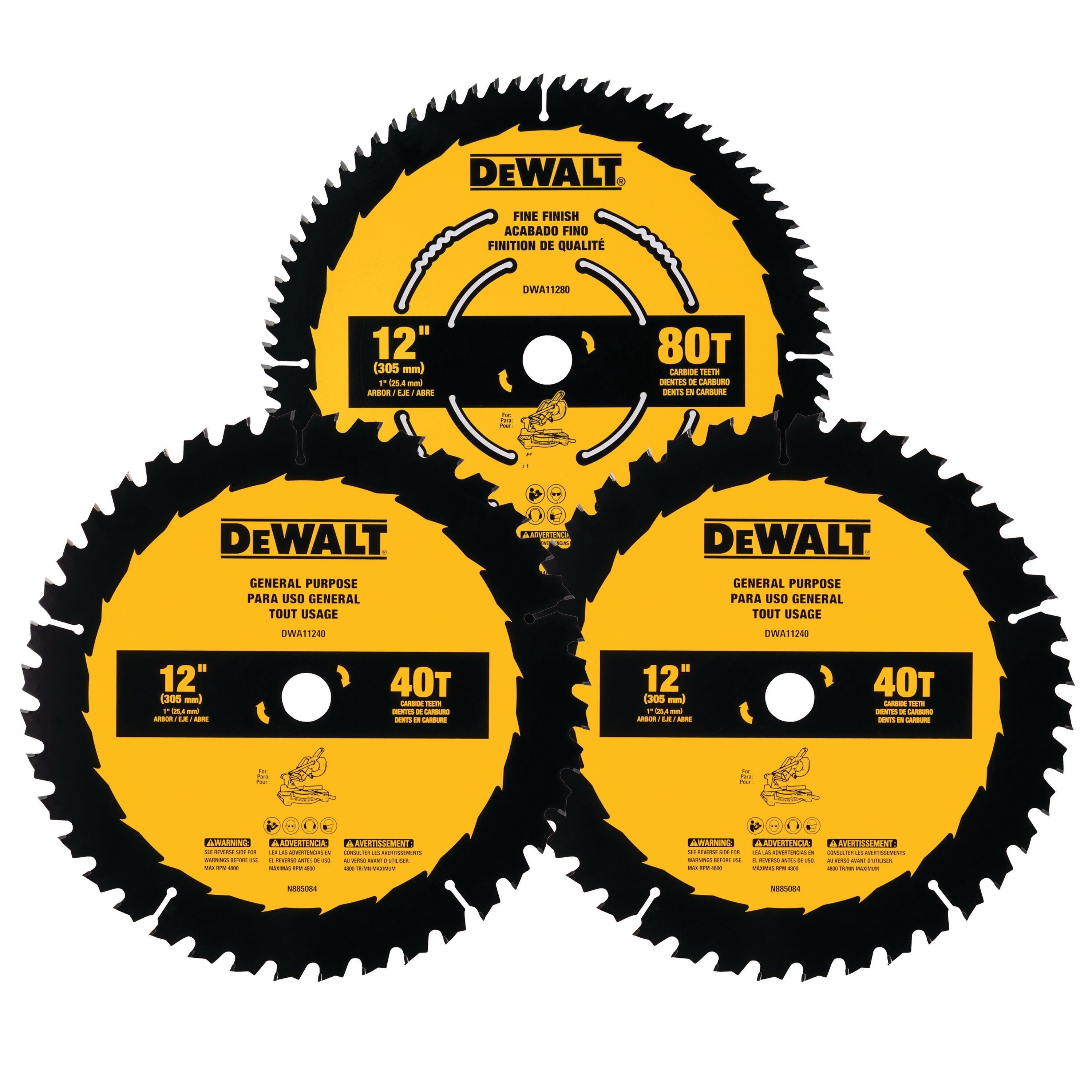 DEWALT DWA112CMB3-12 Zoll Hartmetall-Kreissägeblatt, 40 Zähne, mit 1 Zoll Aufnahmedorn für allgemeine Schnittzwecke (3er-Pack)