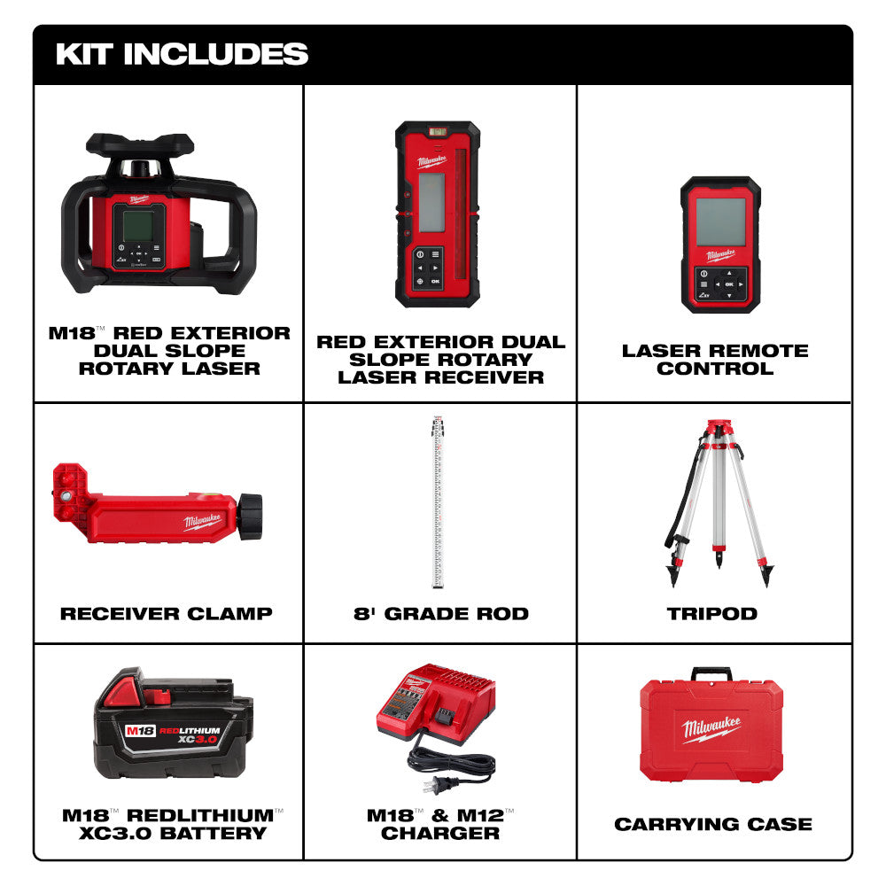 Milwauke 3704-21T- M18™ Red Exterior Dual Slope Rotary Laser Level Kit w/ Receiver, Remote, Grade Rod & Tripod