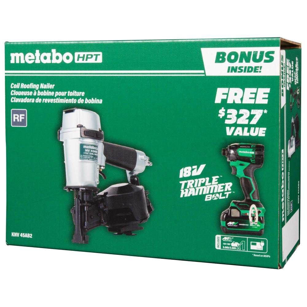 Metabo HPT 1-3/4" Coil Roofing Nailer & Impact Driver Combo Kit - KNV45AB2M