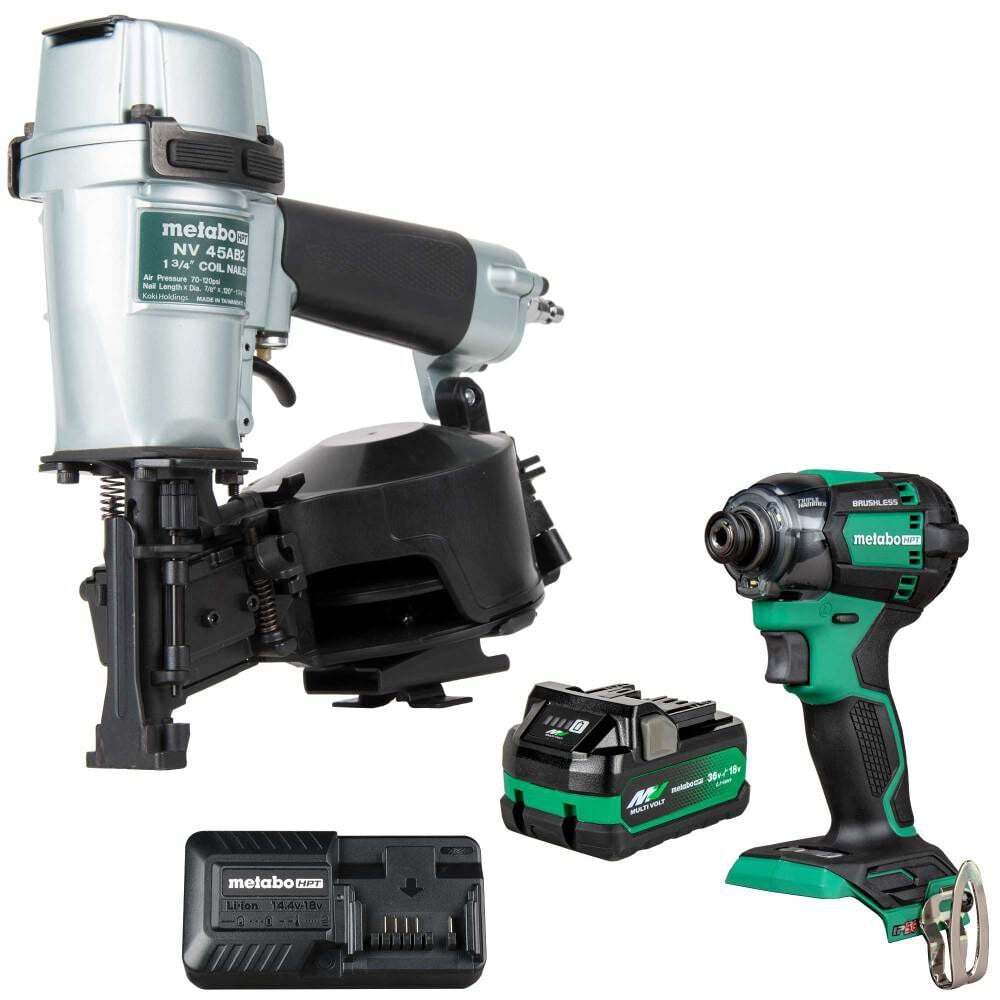 Metabo HPT 1-3/4" Coil Roofing Nailer & Impact Driver Combo Kit - KNV45AB2M