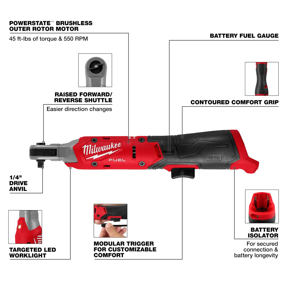 Milwaukee 3052-20 - Milwaukee 3052-20 M12 FUEL™ 1/4" Ratchet (View 4)