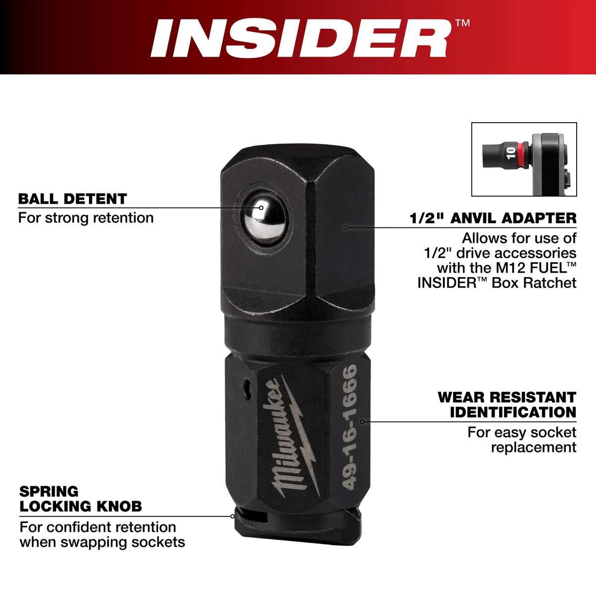 Milwaukee 49-16-1666 - Milwaukee 49-16-1666 M12 FUEL INSIDER Box Ratchet 1/2" Anvil Adapter (View 5)