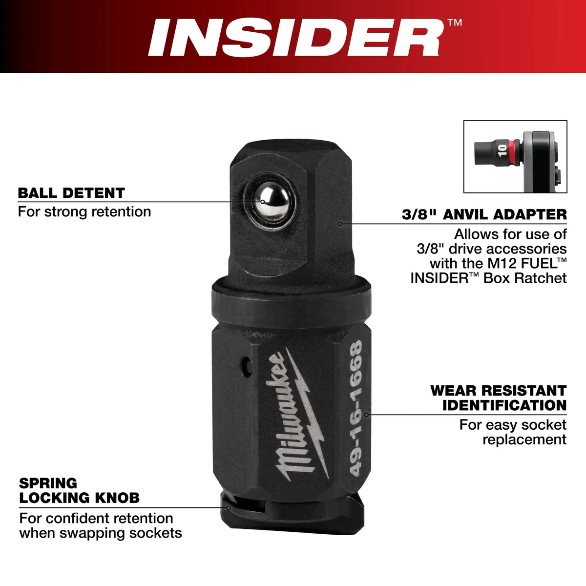Milwaukee 49-16-1668 - Milwaukee 49-16-1668 M12 FUEL INSIDER Box Ratchet 3/8" Anvil Adapter (View 5)