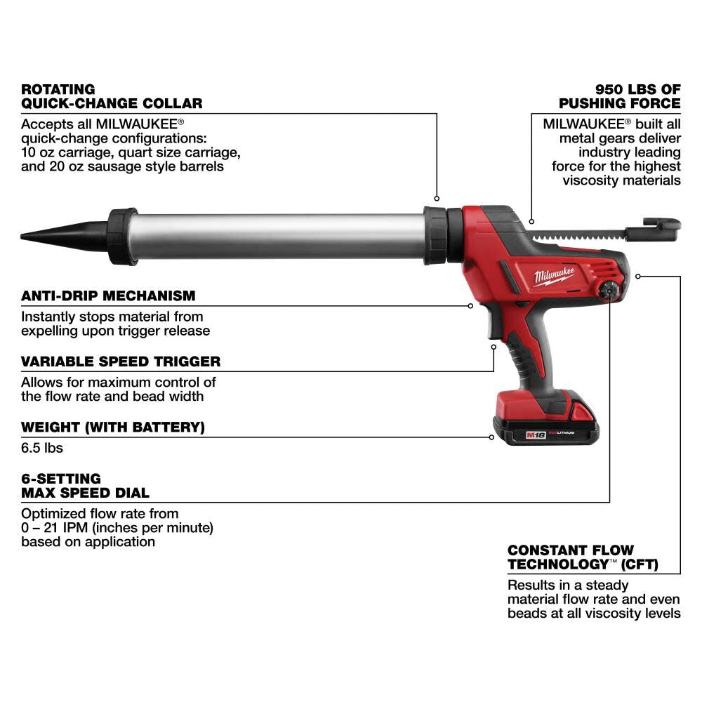 Milwaukee 2642-21CT - M18™ Cordless 20-oz Aluminum Barrel Caulk and Adhesive Gun Kit