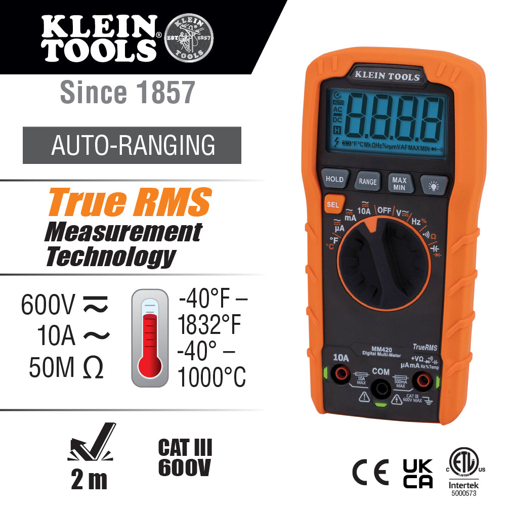 Multimètre Klein TRMS 600 V à plage automatique - KLE-MM420 