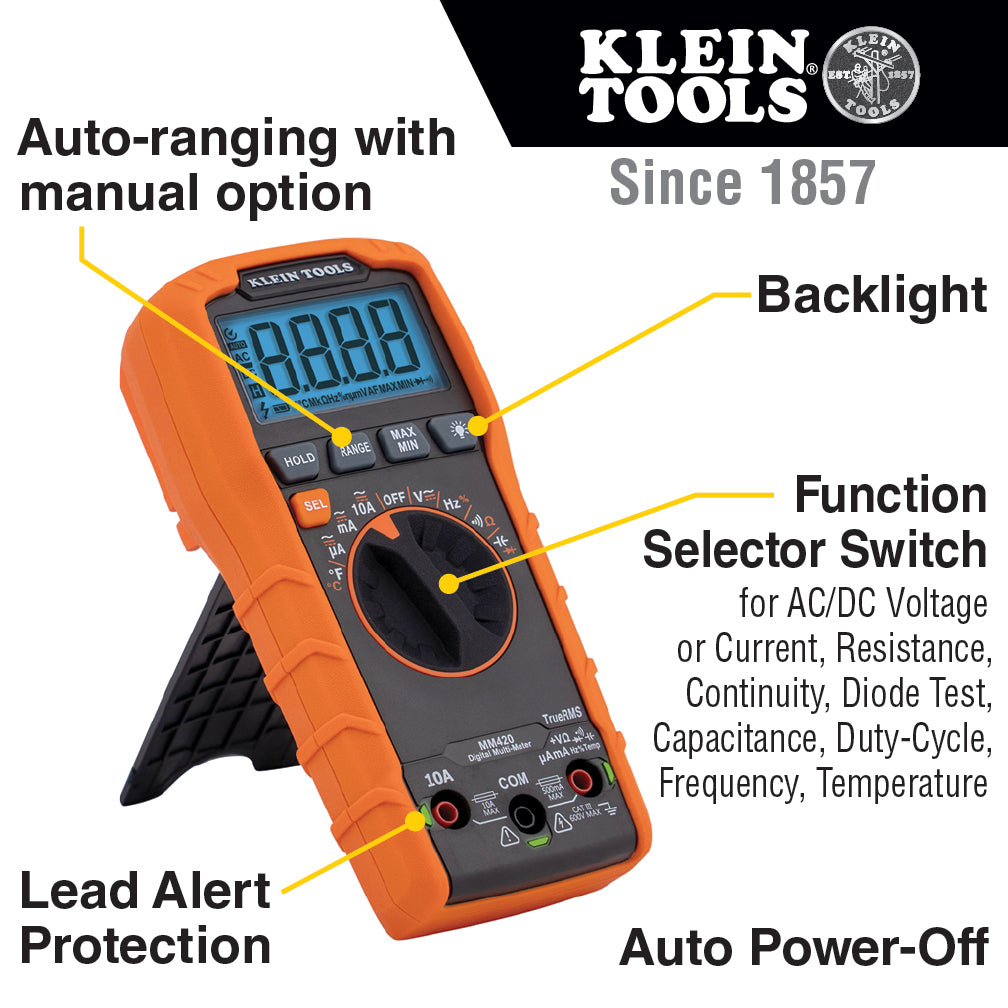 Multimètre Klein TRMS 600 V à plage automatique - KLE-MM420 