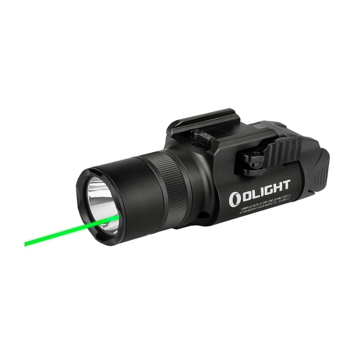 Olight Baldr Pro R with green laser beam on