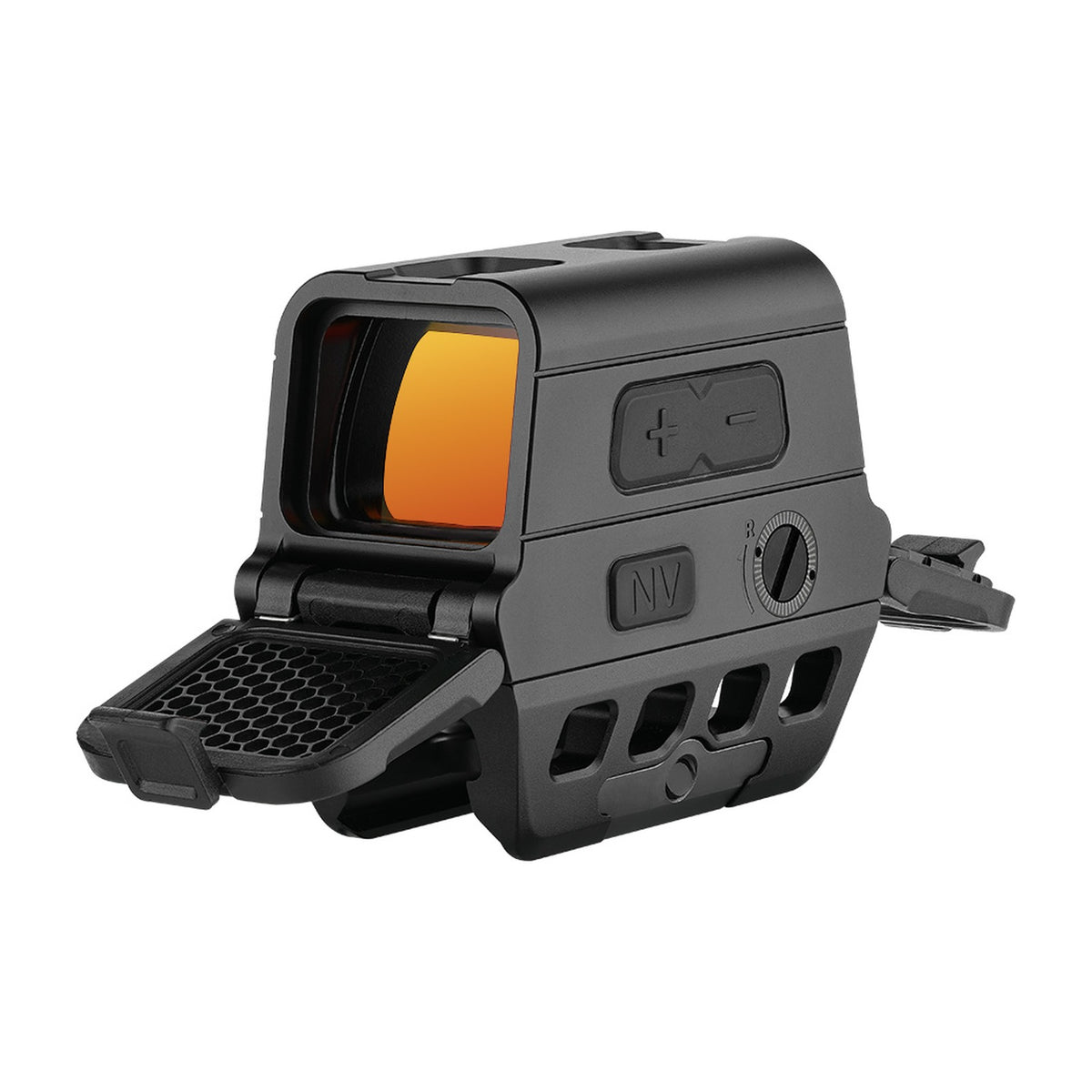 Olight Osight R on lower 1/3 co-witness mount, rear angle