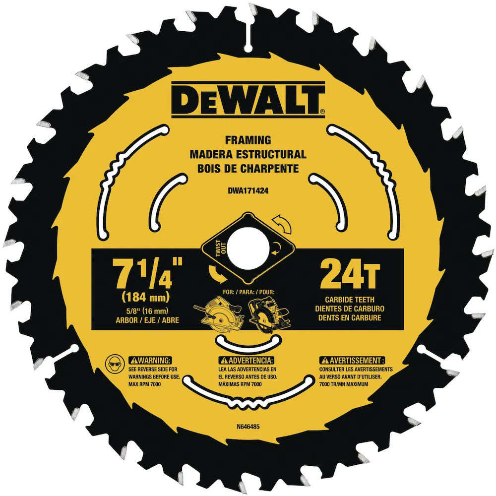 DEWALT DWA171424-7-1/4 In Carbide Circular Saw Blade 24 Tooth with 5/8 in Arbor (1 Pack)