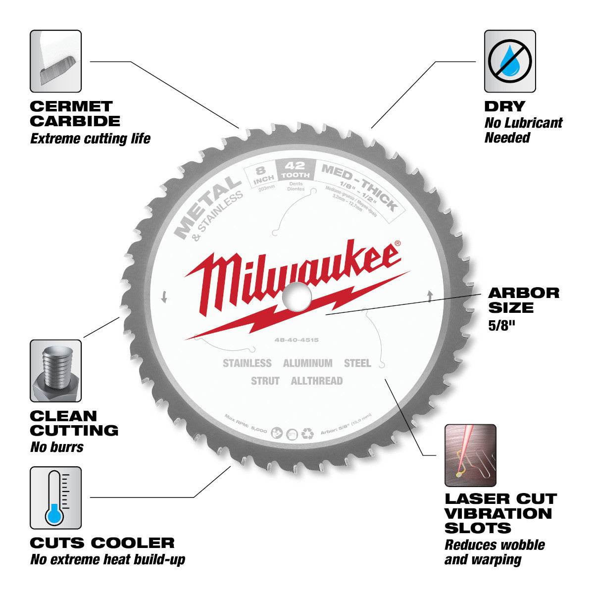 Lame de scie circulaire Milwaukee 48-40-4515 - 8 po, 42 dents, coupe à sec, pointe cermet