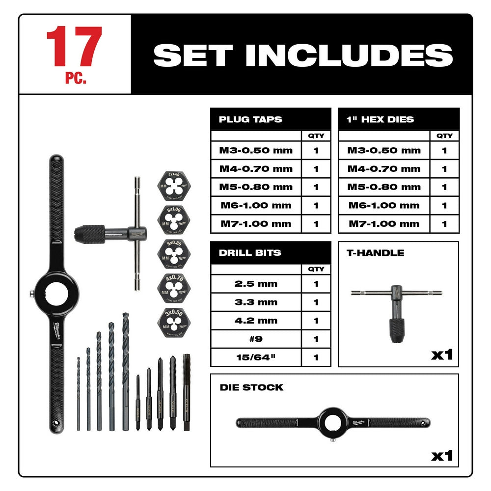 Jeu de tarauds et filières métriques Milwaukee 17 pièces