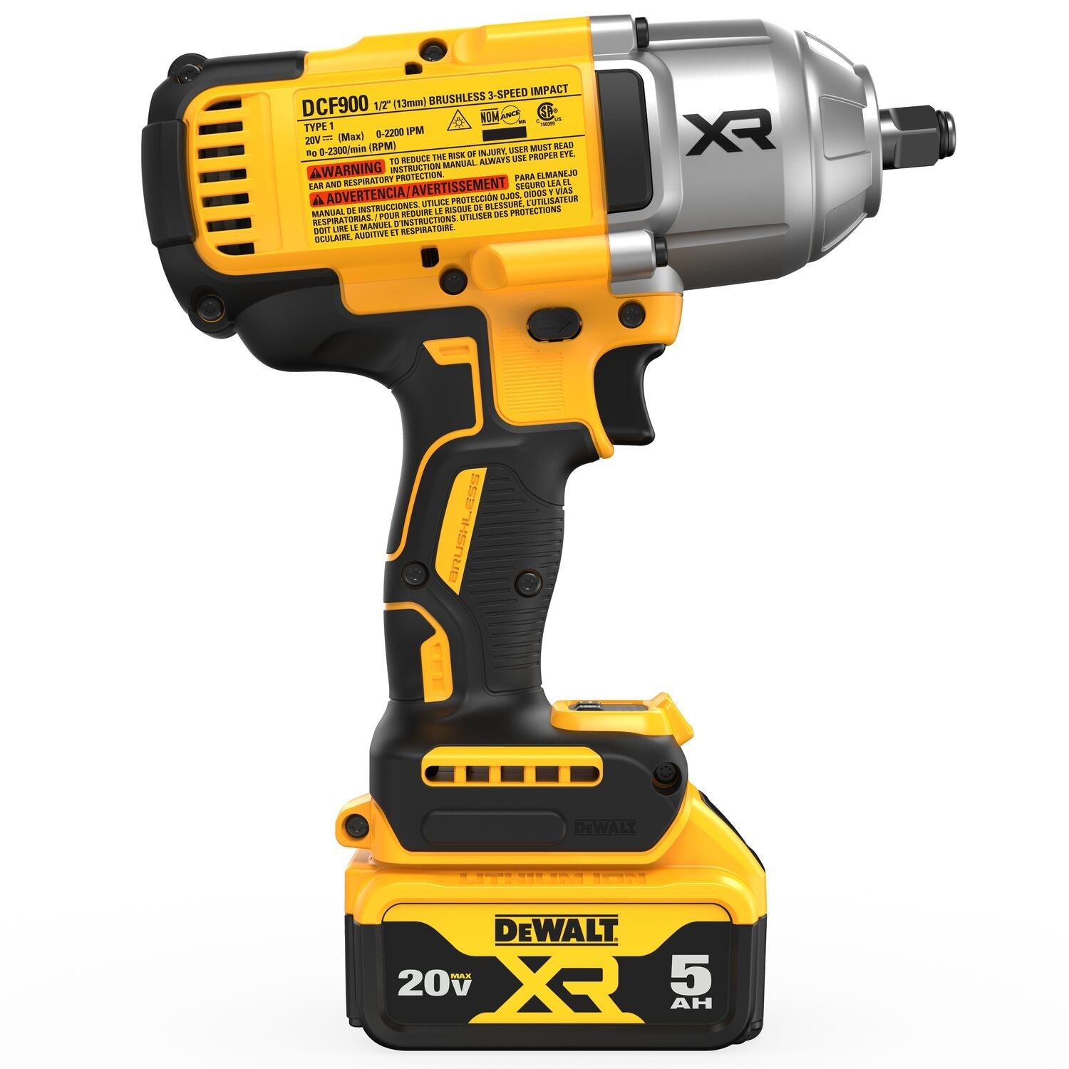 Clé à chocs à couple élevé DEWALT DCF900P1-20V MAX* XR 1/2 po avec enclume à anneau ouvert et (1) batterie 5,0 Ah et kit de chargeur