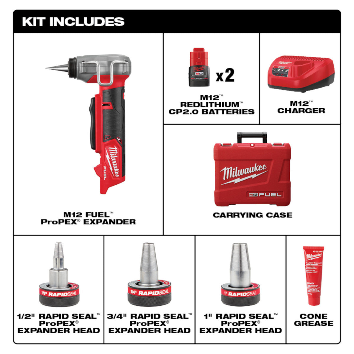 Milwaukee 2532-22 - M12 FUEL™ ProPEX® Expander Kit w/ 1/2"-1" RAPID SEAL™  ProPEX® Expander Heads