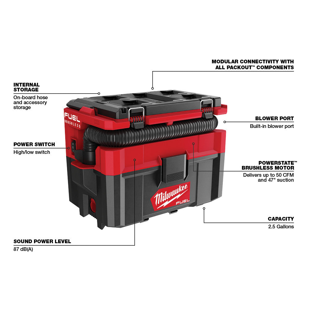 Milwaukee 0970-20 - M18 FUEL™ PACKOUT™ 2.5 Gallon Wet/Dry Vacuum