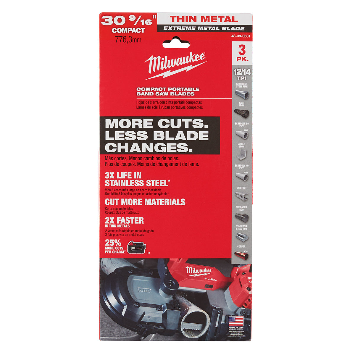 Lames de scie à ruban pour métal ultra-minces compactes Milwaukee 48-39-0631, 30-9/16 po, 12/14 DPP, paquet de 3